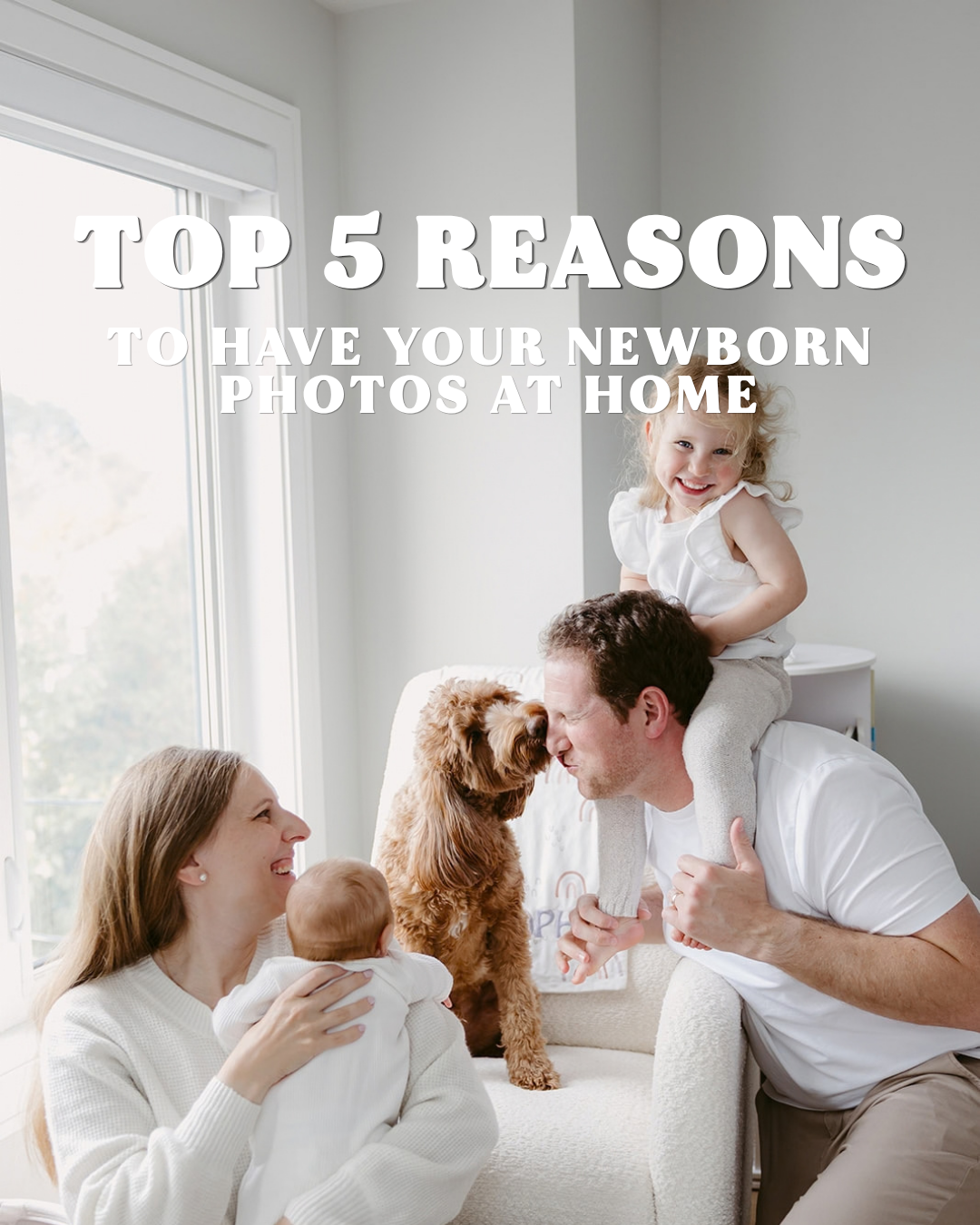 Family dressed in white clothes getting kisses from their poddle.