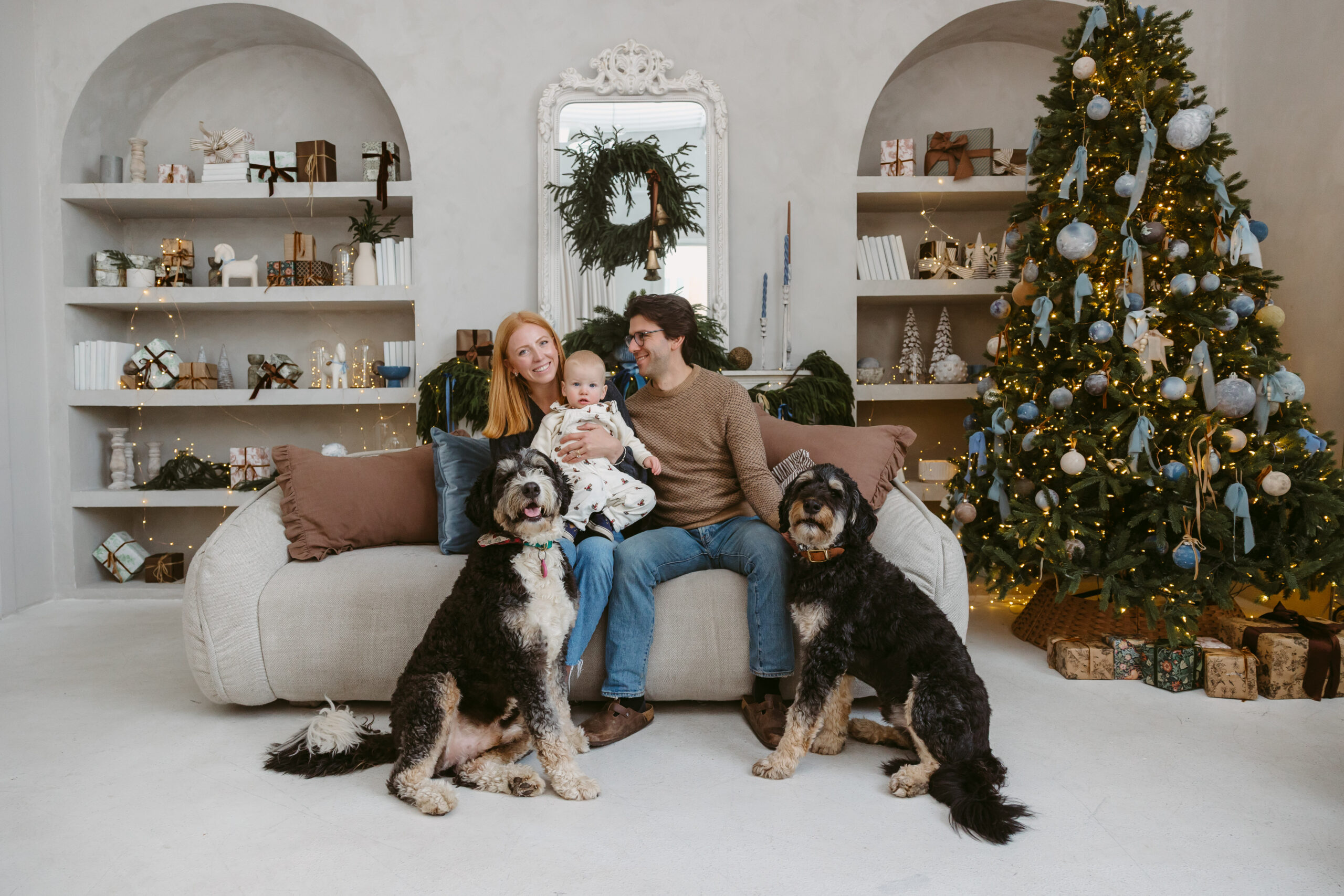 Family with little boy sitting in front of the tree with their 2 dogs.